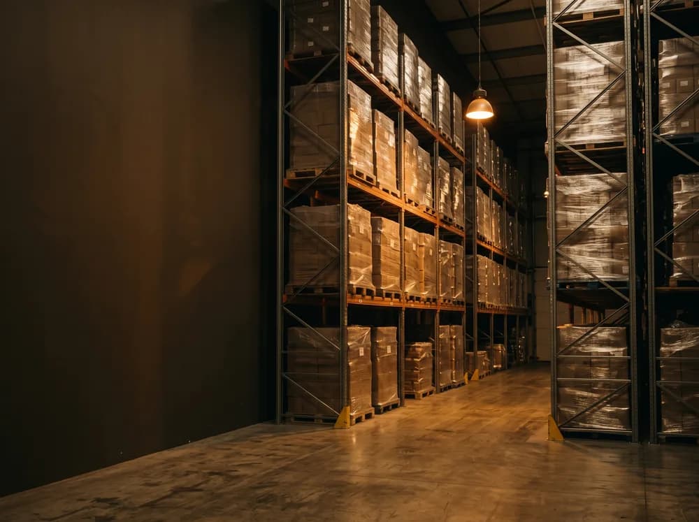 A warehouse aisle, tall racking with pallets in warm light
