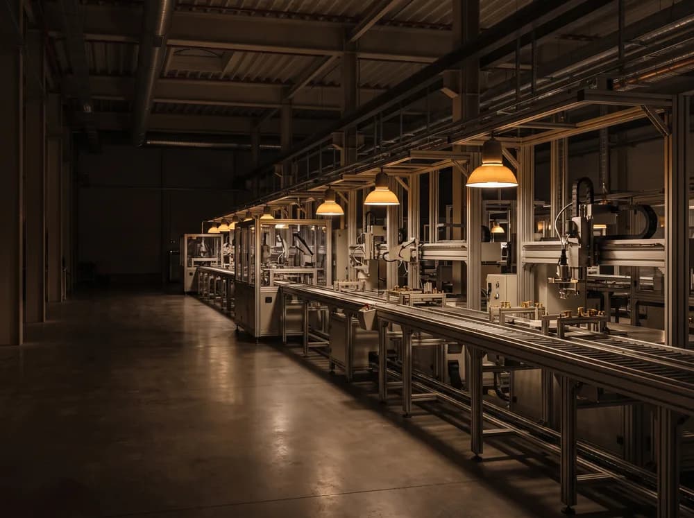 A production line with a conveyor under warm work lights