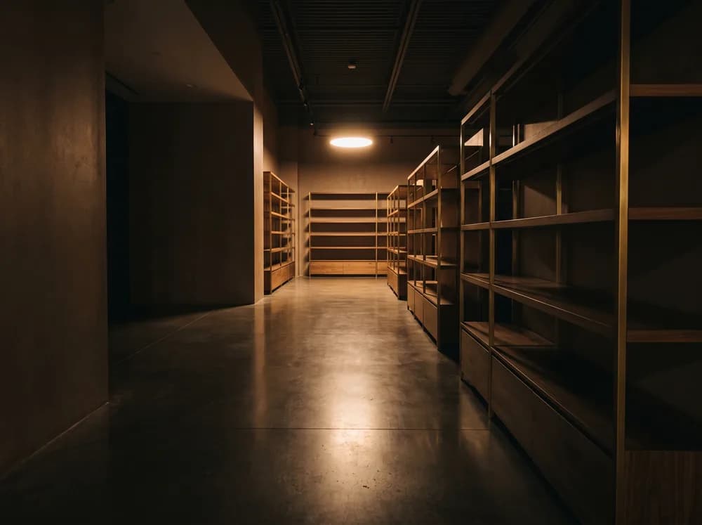 A retail floor after closing, shelving rows in warm light