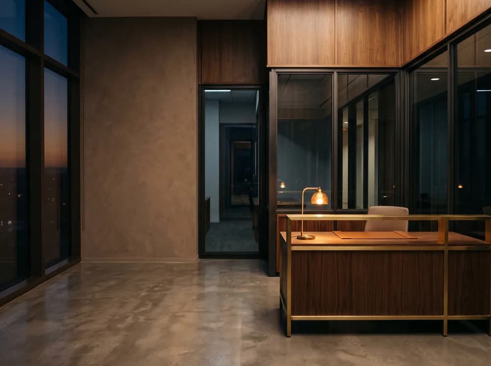 A service company office in the evening, reception desks and glass partitions